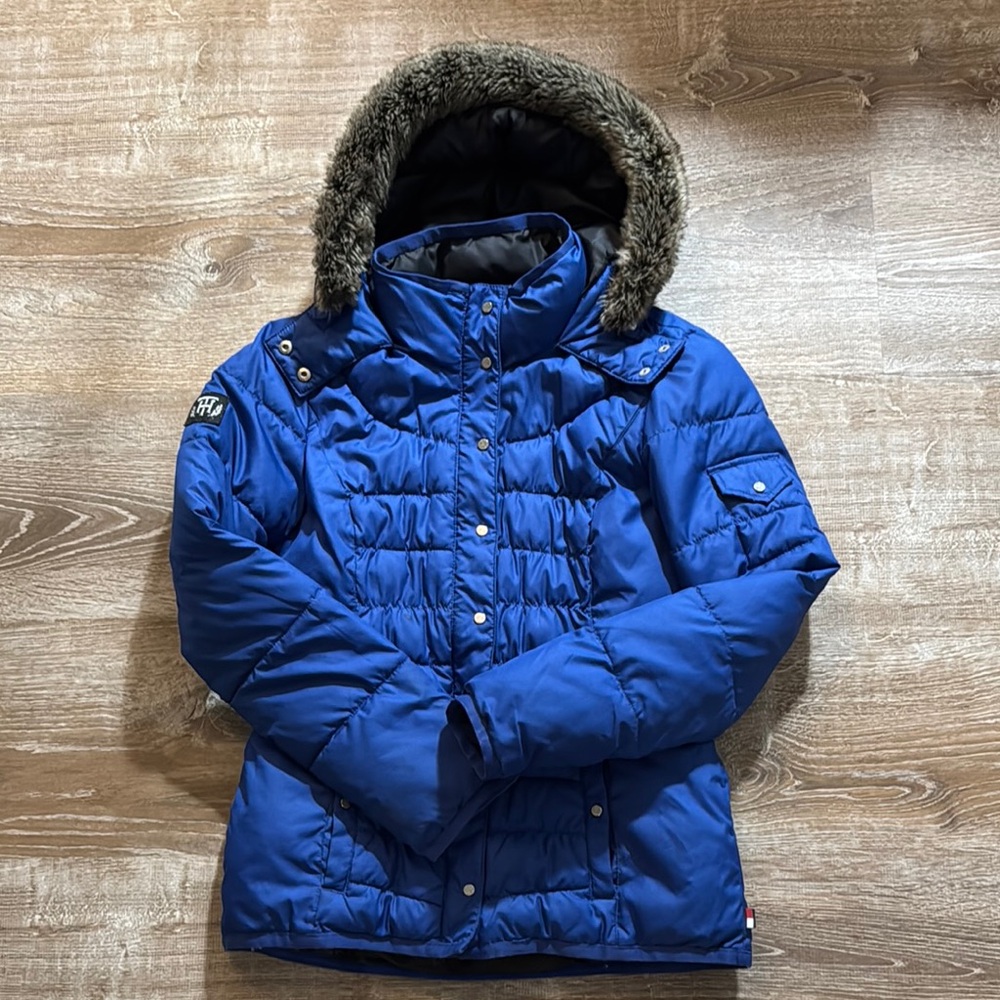 Tommy Hilfiger Blue Women's Jacket with Fur Trim XS